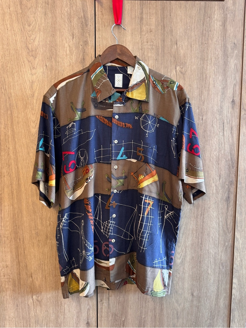 Vintage 90s Burma Bibas Nautical Silk Button Up Shirt M Made in Korea Coastal